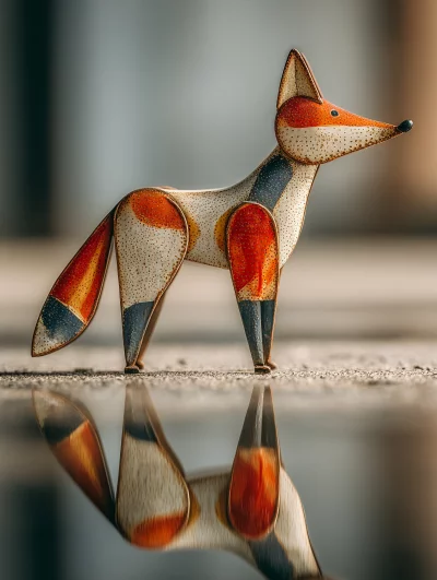 Rustic Folk Art Fox Figurine with Vibrant Colors and Reflection