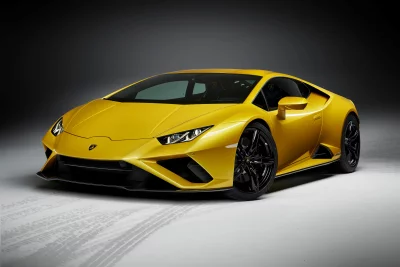 Sleek Yellow Lamborghini Huracan Evo in Modern Studio Setting image