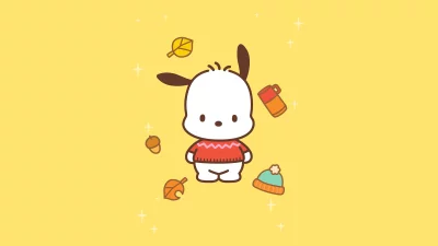 Cute Pochacco Character in Cozy Autumn Outfit with Falling Leaves and Warm Accessories image