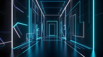 Futuristic Digital Tunnel with Glowing Neon Lines and Geometric Shapes image