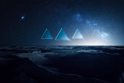 Mystical Celestial Landscape with Glowing Blue Triangles Under Starry Night Sky image