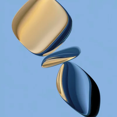 Abstract 3D Shapes of Gold and Blue with Smooth Curves on Blue Background