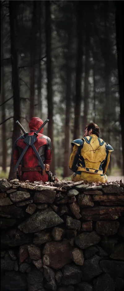 Deadpool and Wolverine sitting on a stone wall in a forest