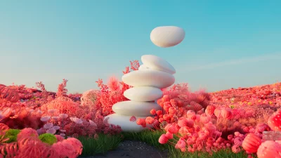 Zen Stones Stacked Amidst a Serene Pink Fantasy Floral Landscape with Floating Elements image