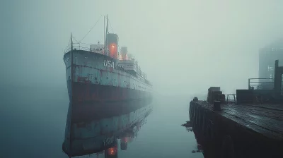 Mysterious Old Ship USA Moored in Dense Harbor Mist at Dock image