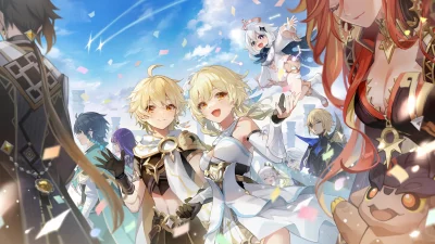 Genshin Impact Heroes: Aether and Lumine Smiling with Friends Under Confetti Sky image