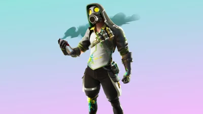 Vibrant Fortnite Graffiti Character with Gas Mask Holding Spray Can image