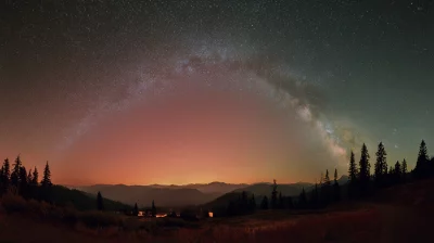 Milky Way Galaxy Arching Over Pine Forest and Mountain Landscape at Night