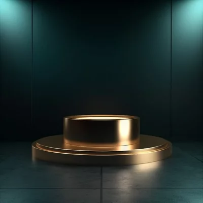 Luxury Gold Cylindrical Product Display on Dark Stage with Teal Spotlight image