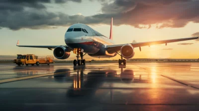 Passenger Airplane on Wet Airport Tarmac at Golden Sunset with Ground Crew Vehicle image