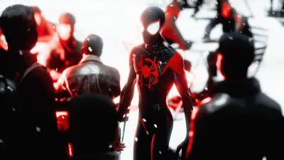 Miles Morales Spider-Man in Black and Red Suit Amidst Urban Snowfall image