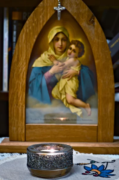 Wooden Framed Madonna and Child Painting with Lit Candle, Devotional Christian Art image