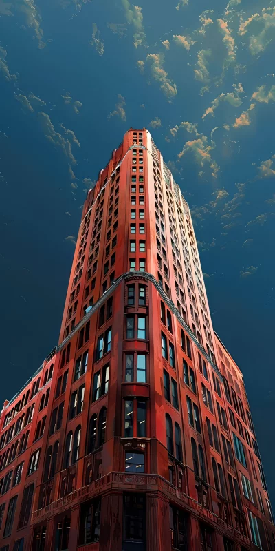 Artistic Red Brick Skyscraper Against a Dramatic Blue Sky with Clouds