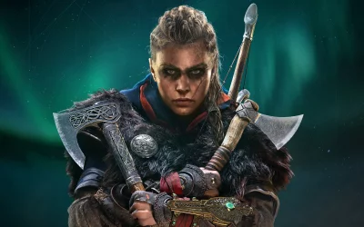 Cinematic Eivor Viking Warrior Holding Axes Wallpaper with Northern Lights Background image