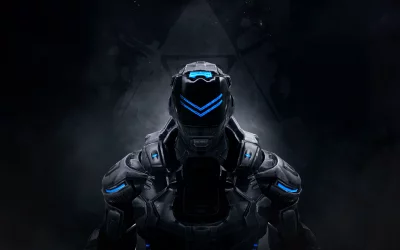 Futuristic Dark Armored Robot Suit with Glowing Blue Lights and High-Tech Details image