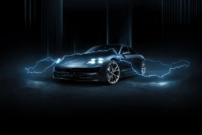 Sleek Electric Sports Car with Electrifying Blue Lightning Aura image