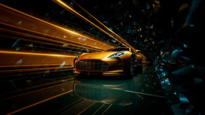 Luxury Golden Sports Car in Futuristic Tunnel with Dynamic Light Trails image