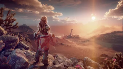 Heroine Aloy Exploring Vast Desert World with Ancient Technology Ruins at Sunset image