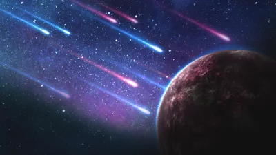 Vibrant Cosmic Planet and Streaking Meteors in Starry Galaxy Scene image