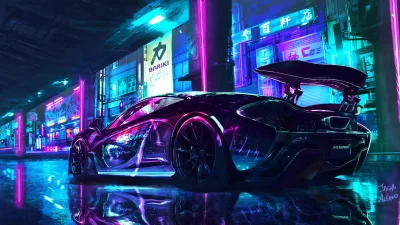 Dynamic Cyberpunk Sports Car Illuminating Neon City Street with Wet Reflections at Night image