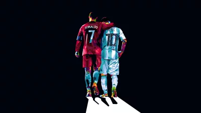 Vibrant Pop Art Illustration of Football Icons Ronaldo and Messi in United Stance image