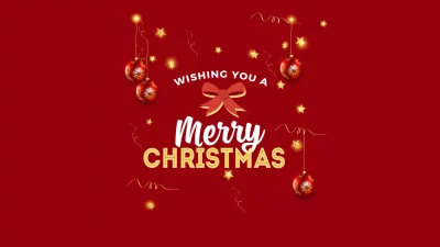 Festive Red Christmas Background with Golden Ornaments and 'Merry Christmas' Text image