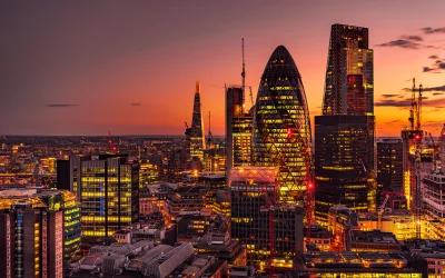 Vibrant London Cityscape at Dusk with Iconic Skyscrapers and Sunset Glow image