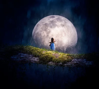 Little Girl with Teddy Bear Under Enchanting Giant Moon in Rain image