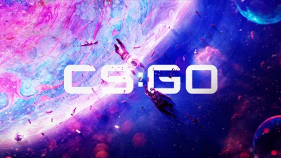 Vibrant CS:GO Logo on Abstract Cosmic Background with Floating Characters and Game Items image