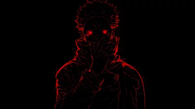Intense Anime Character with Glowing Red Eyes and Hand Covering Mouth image
