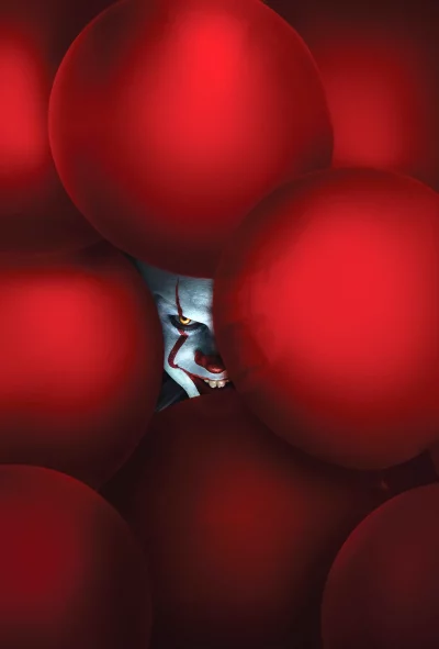 Eerie Pennywise Clown Emerges from Ominous Red Balloons, Creepy Horror Concept Art image