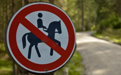 No Horse Riding Sign on Forest Trail Path Warning image