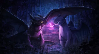 Enchanting Night Dragons with Glowing Pink Breath in a Magical Rain-Drenched Forest image
