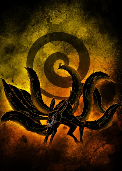 Mystical Nine-Tailed Fox with Fiery Energy Aura and Dark Grunge Art image