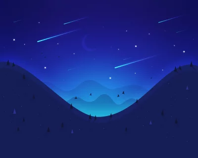 Serene Night Landscape Illustration with Shooting Stars, Crescent Moon, and Rolling Hills image