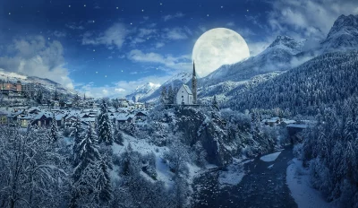Enchanting Alpine Village with Church Under Full Moon and Snowy Mountains at Night image