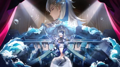 Anime Girl Manipulating Water Magic with Ethereal Guardian in Fantasy Realm image