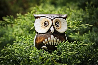 Hand-carved Wooden Owl Figurine Nestled in Lush Green Foliage with Water Droplets image