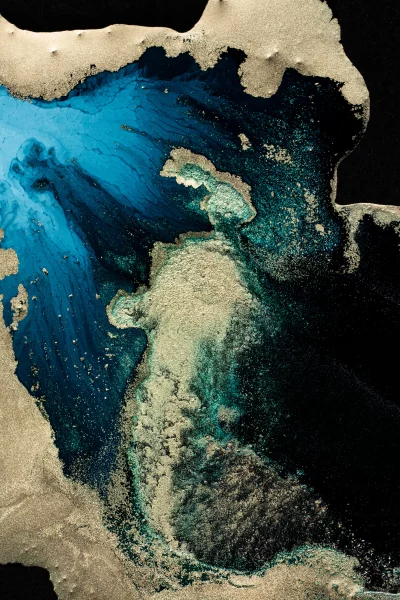 Luxurious Gold and Blue Abstract Fluid Art on Black Canvas image