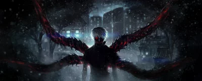 Powerful Anime Ghoul Character with Red Kagune in Snowy City Night image
