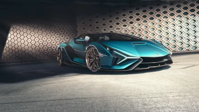 Luxury Lamborghini Sian Supercar in Futuristic Hexagonal Showroom Display image