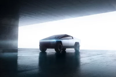 Futuristic Electric Cybertruck in a Sci-Fi Concrete Garage Setting image