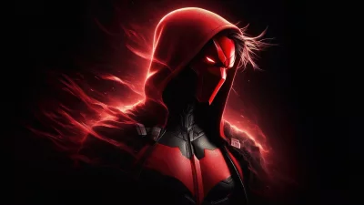 Mysterious Red Hood-like Vigilante with Glowing Eyes and Fiery Aura on Dark Background image