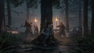 Ellie from Last of Us Part II Hiding in Dark Forest from Torch-Wielding Pursuers image