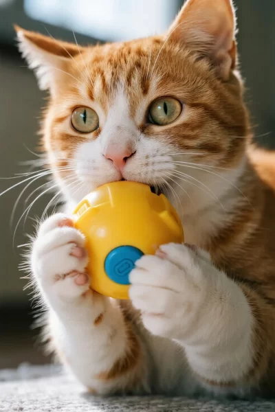 Playful Ginger Tabby Cat Gripping Vibrant Yellow Toy with Paws and Green Eyes