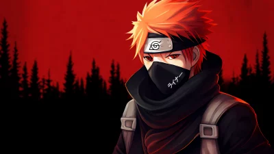 Intense Anime Male Character with Spiky Orange Hair and Rinnegan Eyes image
