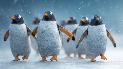 Antarctic Gentoo Penguins Walking in Fresh Snow during a Winter Storm