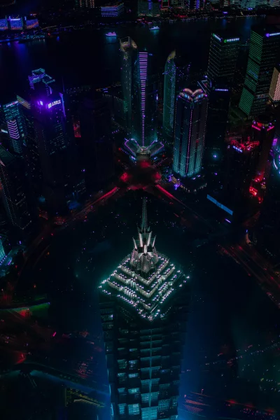 Shanghai Pudong Night Cityscape: Illuminated Skyscrapers and Vibrant Neon Lights Aerial View image