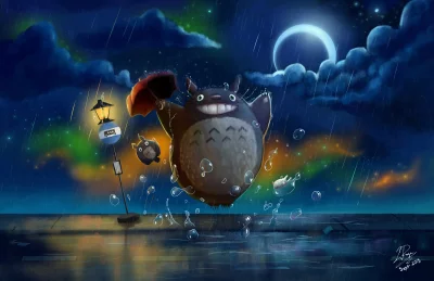 Whimsical Totoro and Friends Dancing in a Magical Rainy Night Under a Crescent Moon image