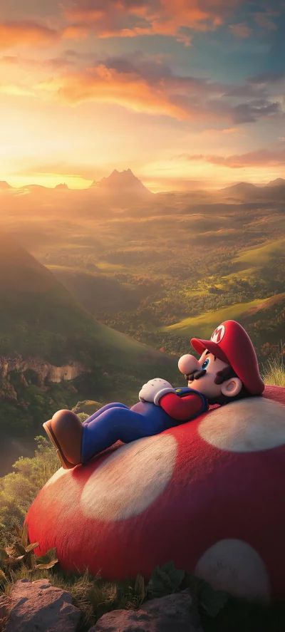Mario relaxing on a giant mushroom overlooking a scenic landscape at sunset